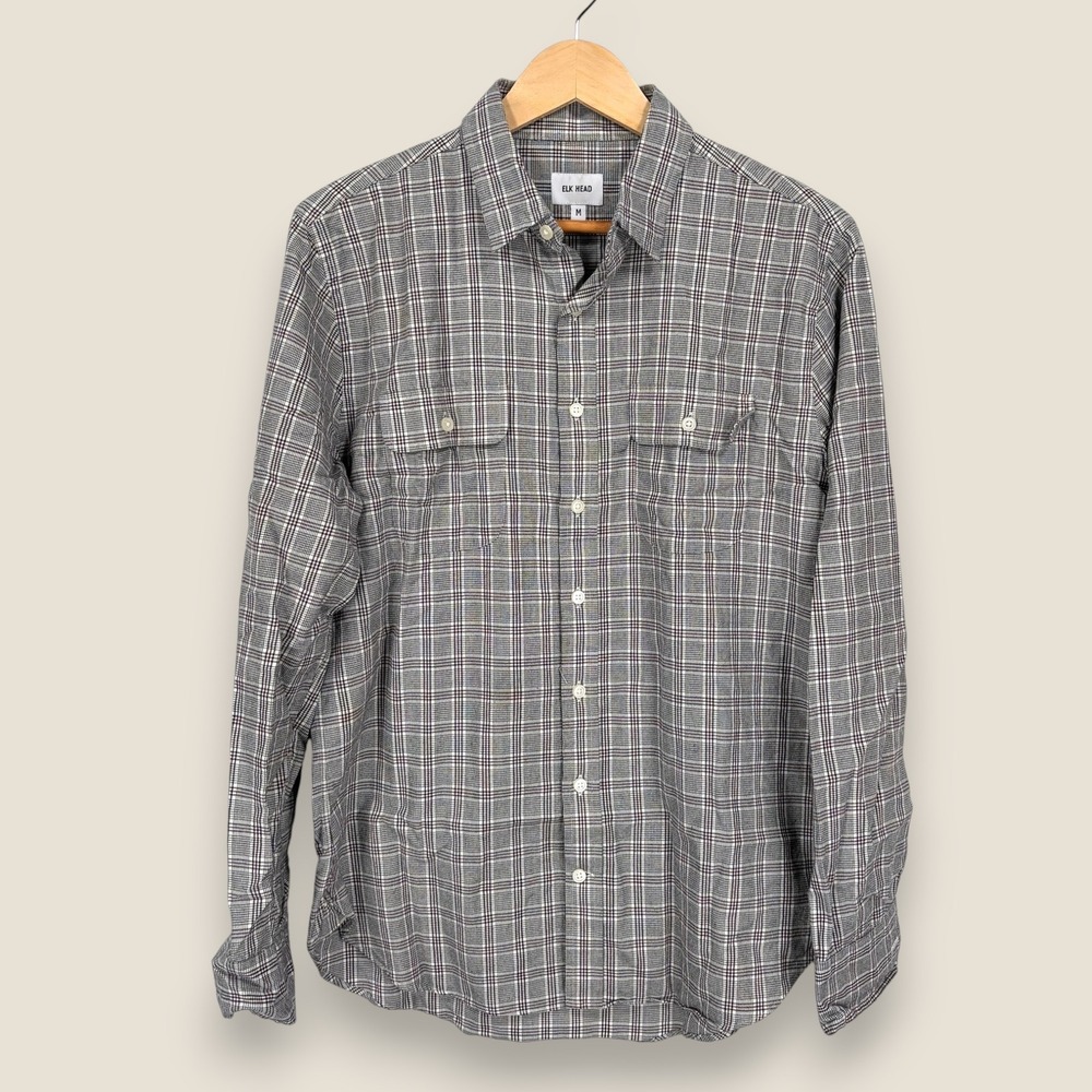 Elk Head Lightweight Flannel Shirt Men Medium Gray White Red Atlanta Cotton